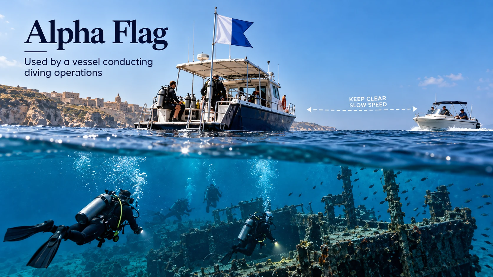Dive boat displaying the International Code Alpha flag while SCUBA divers operate below and another boat keeps clear.