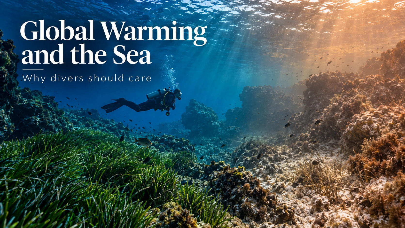 Mediterranean diver crossing from a healthy seagrass reef into warmer, more stressed water, illustrating global warming and the sea.