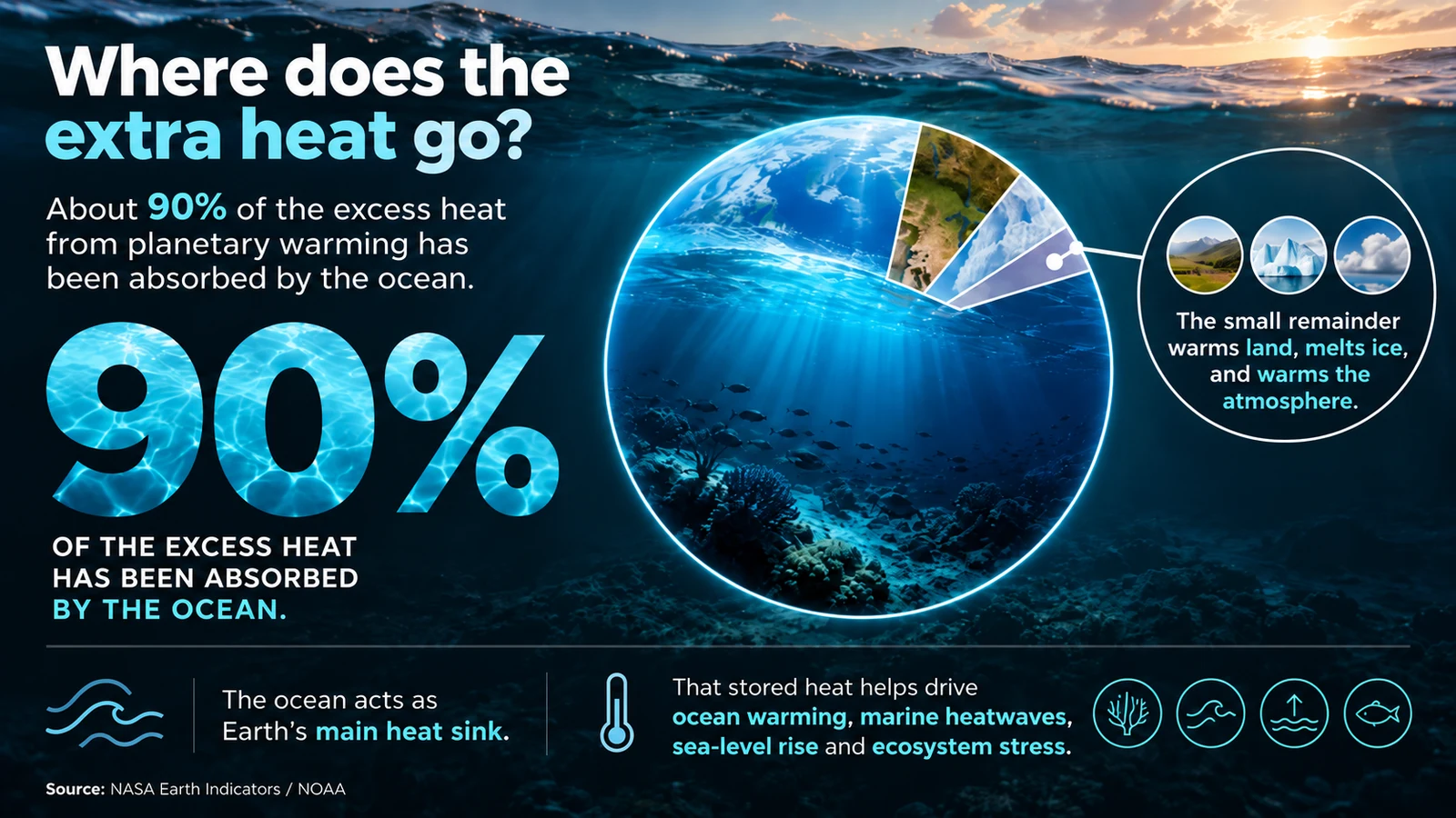 Infographic showing that about 90 percent of the excess heat from planetary warming is absorbed by the ocean, with the smaller remainder warming land and atmosphere and melting ice.