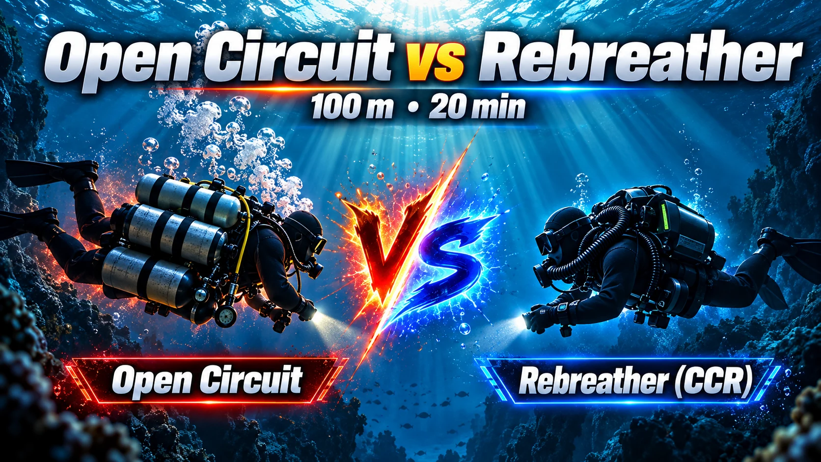 Open Circuit versus Rebreather at 100 metres for 20 minutes.