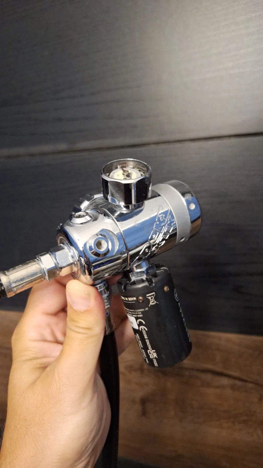 Apeks DST first stage with Aqua Lung wireless transmitter and compact mechanical button gauge