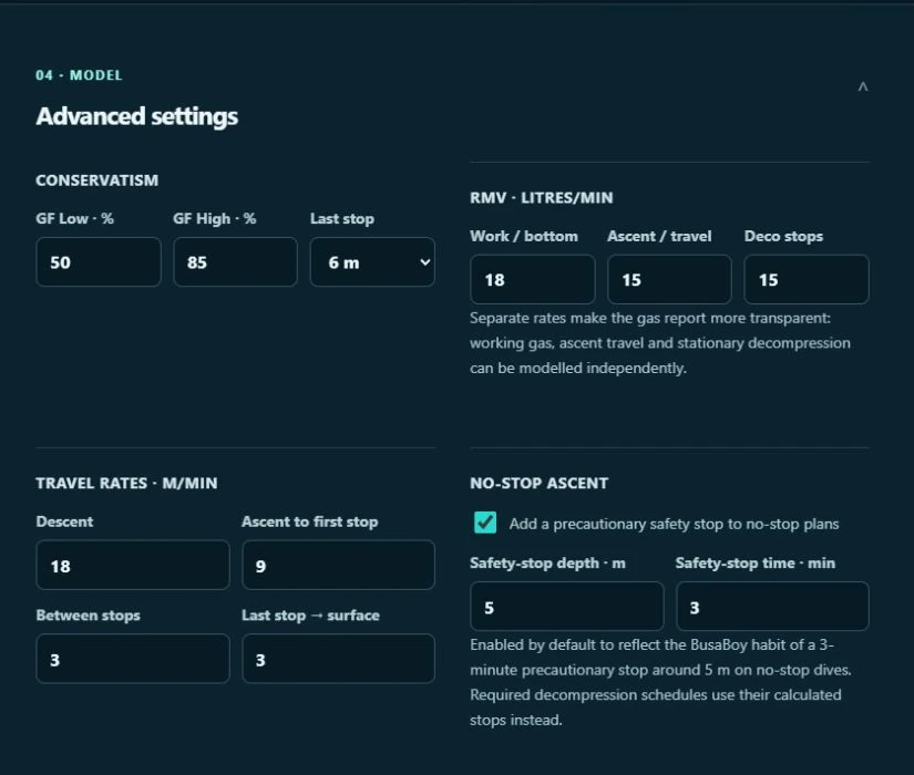 Figure 5. Expanded Advanced settings: GF, RMV, travel rates and the optional no-stop safety stop.
